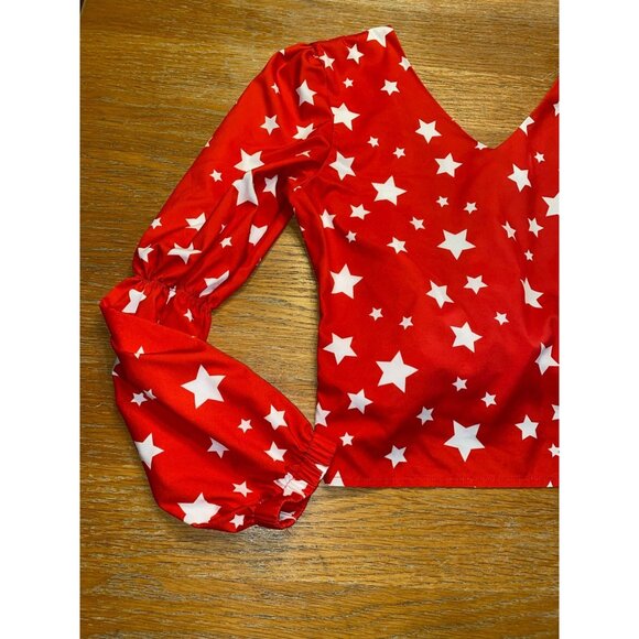 Red & White Star Pattern Long Sleeve Crop Top With Tie Back - Picture 4 of 5